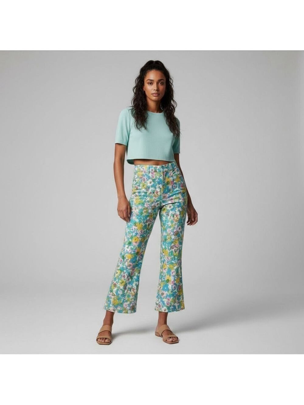 Zara High-Waisted Retro Floral Kick Flare Linen Pants Disco Cottagecore Sz 4